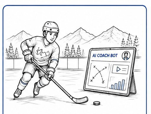 Cartoon: young ice hockey player training with an AI coach