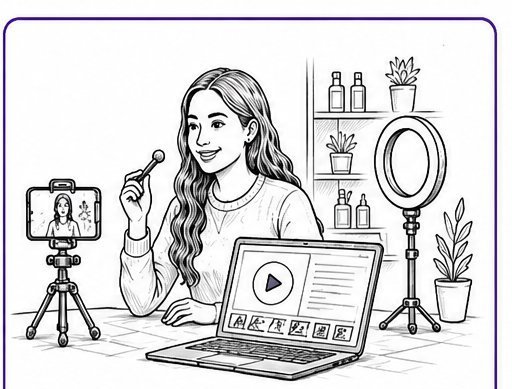Cartoon: young vlogger filming content with AI editing tools