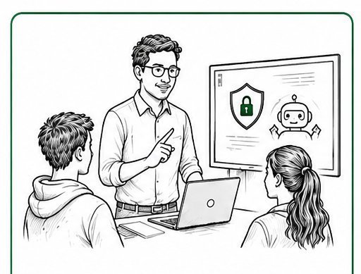Cartoon: educator teaching cybersecurity to teens at a screen