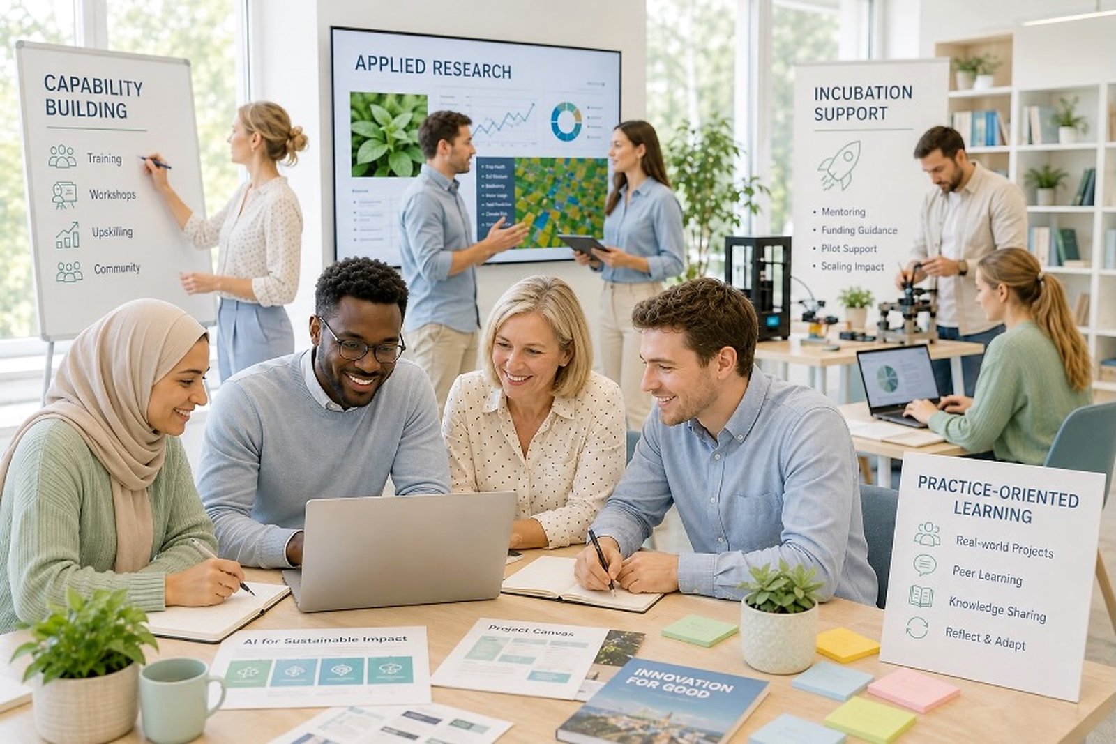AIforAll Global team collaborating, with four labels around them: Capability Building, Applied Research, Incubation Support, and Practice-Oriented Learning.